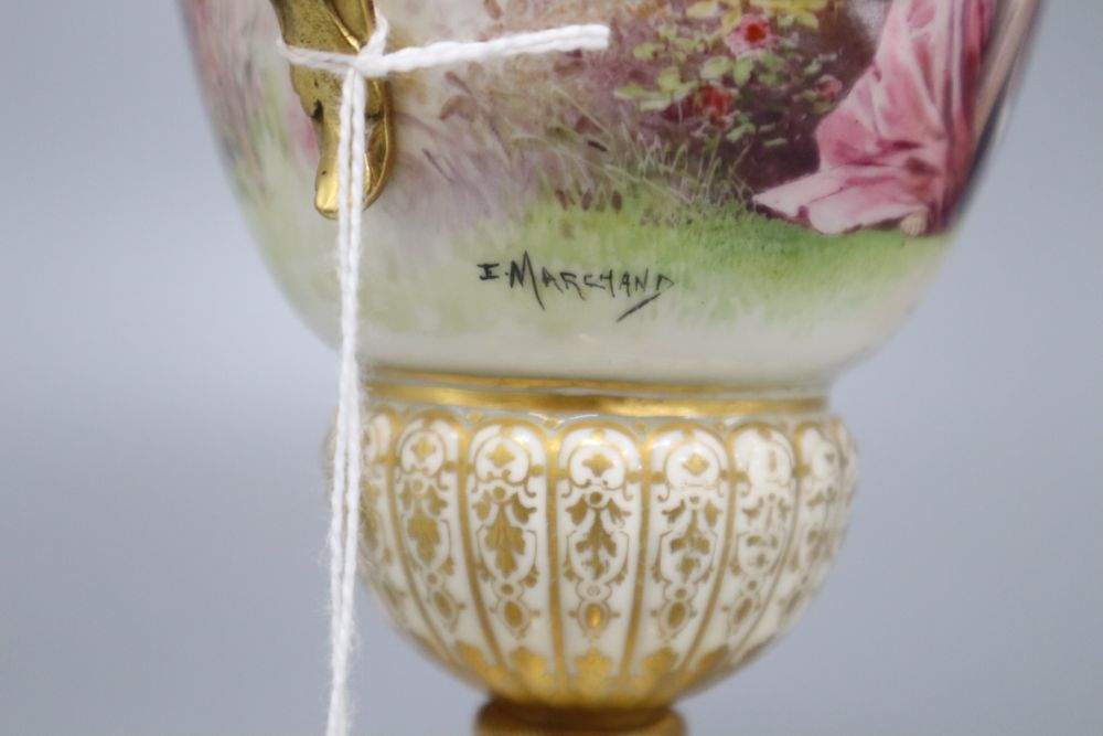 A French painted porcelain and gilt metal two-handled vase, signed I Marchand, height 23.5cm (lacking cover),